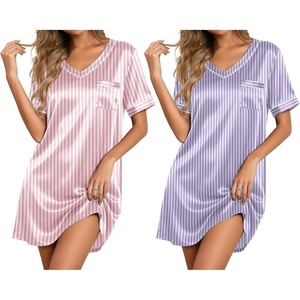 image:imageEkouaer 2 Pack Nightgowns for Women Satin Short Sleeve V Neck House DressStripe Print Purple White Stripe Print Pink White