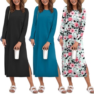 image:imageEkouaer 3 Pack Long Sleeve Full Length Chest Pocket Nightgowns for WomenBlackdeep Bluepink Flower