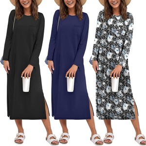 image:imageEkouaer 3 Pack Long Sleeve Full Length Chest Pocket Nightgowns for WomenBlacknavy Blueblack Flower