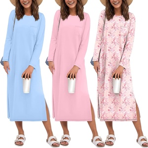 image:imageEkouaer 3 Pack Long Sleeve Full Length Chest Pocket Nightgowns for WomenLight Bluepinkpink Flower