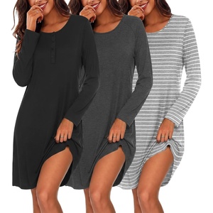 image:imageEkouaer 3 Pack Nightgowns for Women Long Sleeve Sleepshirt Soft NightshirtBlackDark GreyLight Grey Stripes