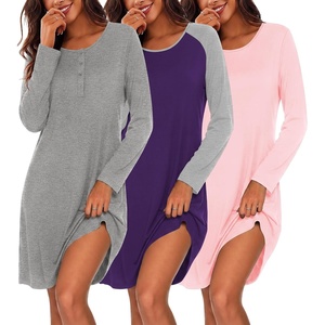 image:imageEkouaer 3 Pack Nightgowns for Women Long Sleeve Sleepshirt Soft NightshirtLight GreyPurplePink