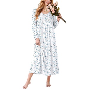 image:imageEkouaer Cotton Nightgowns for Women Long Sleeve Night GownWhite Blue Floral