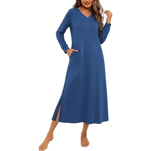 image:imageEkouaer Long Cotton Nightgowns for Women Soft Comfy Sleepshirt with PocketsBlue