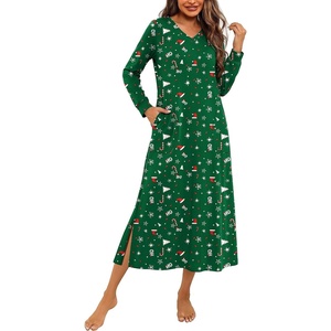 image:imageEkouaer Long Cotton Nightgowns for Women Soft Comfy Sleepshirt with PocketsChristmas Green