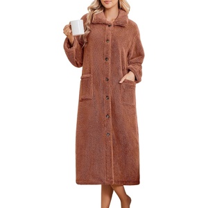 image:imageEkouaer Plush Robes for Women Button Front Long BathrobeCamel