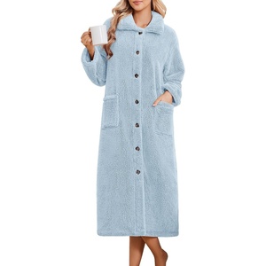 image:imageEkouaer Plush Robes for Women Button Front Long BathrobeLight Blue