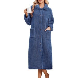 image:imageEkouaer Plush Robes for Women Button Front Long BathrobeNavy Blue