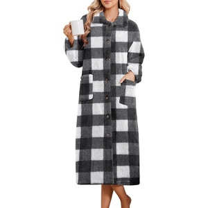 image:imageEkouaer Plush Robes for Women Button Front Long BathrobePlaid White