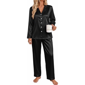 image:imageEkouaer Satin Pajamas for Women Set 2 Piece Silk Pjs Long Sleeve Lounge SetBlack