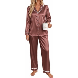 image:imageEkouaer Satin Pajamas for Women Set 2 Piece Silk Pjs Long Sleeve Lounge SetBrown