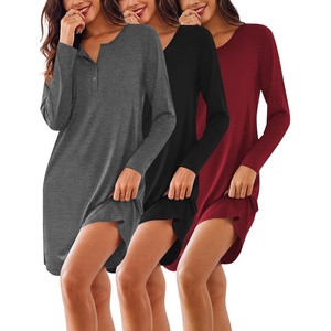image:imageEkouaer Womens 3 Pack Cotton Nightgowns Long Sleeve Sleep Shirts SleepwearBlack grey wine Red