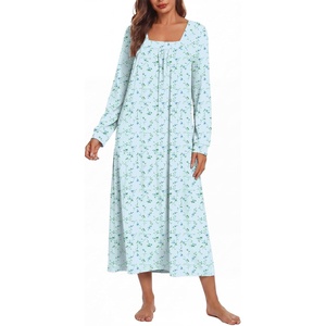 image:imageEkouaer Womens Cotton Nightgown Long Sleeve Sleepshirt Long Sleep DressBlue Floral