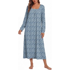 image:imageEkouaer Womens Cotton Nightgown Long Sleeve Sleepshirt Long Sleep DressBlue With White Flowers