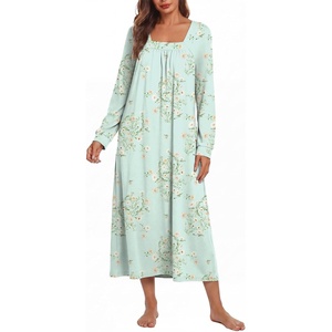 image:imageEkouaer Womens Cotton Nightgown Long Sleeve Sleepshirt Long Sleep DressGreen Floral