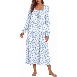 image:imageEkouaer Womens Cotton Nightgown Long Sleeve Sleepshirt Long Sleep DressWhite With Blue Flowers