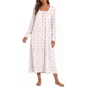image:imageEkouaer Womens Cotton Nightgown Long Sleeve Sleepshirt Long Sleep DressWhite With Pink Flowers