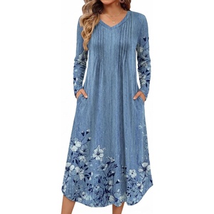image:imageEkouaer Womens Long Sleeve Nightgown Long Sleepshirt Pleated Sleep DressBlue Floral