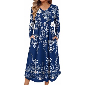 image:imageEkouaer Womens Long Sleeve Nightgown Long Sleepshirt Pleated Sleep DressFloral Navy