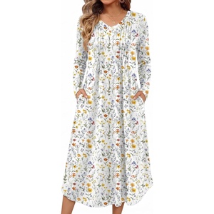 image:imageEkouaer Womens Long Sleeve Nightgown Long Sleepshirt Pleated Sleep DressFlower White