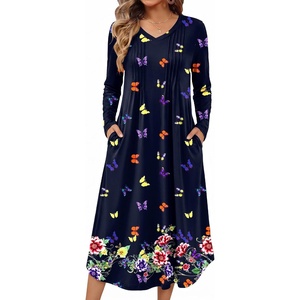 image:imageEkouaer Womens Long Sleeve Nightgown Long Sleepshirt Pleated Sleep DressNavy Blue Butterfly
