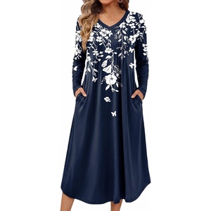 image:imageEkouaer Womens Long Sleeve Nightgown Long Sleepshirt Pleated Sleep DressNavy Blue Flower