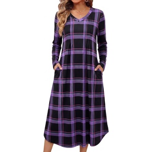 image:imageEkouaer Womens Long Sleeve Nightgown Long Sleepshirt Pleated Sleep DressPurple Black Plaid
