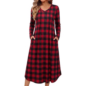 image:imageEkouaer Womens Long Sleeve Nightgown Long Sleepshirt Pleated Sleep DressRed Black Plaid
