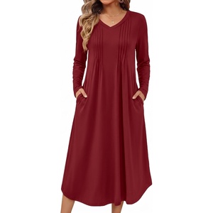 image:imageEkouaer Womens Long Sleeve Nightgown Long Sleepshirt Pleated Sleep DressWine Red
