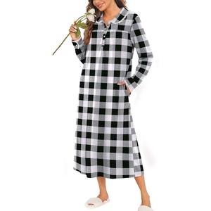image:imageEkouaer Womens Long Sleeve Nightgowns Christmas Nightgown Henley House CoatBlack and White Plaid