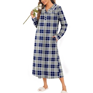 image:imageEkouaer Womens Long Sleeve Nightgowns Christmas Nightgown Henley House CoatBlue and Grey Plaid