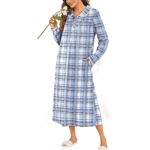 image:imageEkouaer Womens Long Sleeve Nightgowns Christmas Nightgown Henley House CoatLight Blue and Brown Plaid