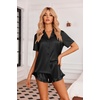 image:imageEkouaer Womens Satin Pajamas Set Button Down Silk Pj Shorts Set with RuffleBlack