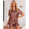 image:imageEkouaer Womens Satin Pajamas Set Button Down Silk Pj Shorts Set with RuffleBrown
