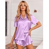 image:imageEkouaer Womens Satin Pajamas Set Button Down Silk Pj Shorts Set with RuffleLavender