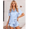 image:imageEkouaer Womens Satin Pajamas Set Button Down Silk Pj Shorts Set with RuffleLight Blue