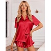 image:imageEkouaer Womens Satin Pajamas Set Button Down Silk Pj Shorts Set with RuffleRed
