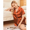 image:imageEkouaer Womens Silk Satin Pajama Sets Soft Short Sleeve Button Up SleepwearCaramel