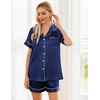 image:imageEkouaer Womens Silk Satin Pajama Sets Soft Short Sleeve Button Up SleepwearNavy