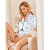 image:imageEkouaer Womens Silk Satin Pajama Sets Soft Short Sleeve Button Up SleepwearWhite Blue Seashells