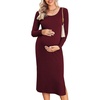 image:imageEkouaer Maternity Dress Rib Knit Long Sleeve Side Slit Bodycon Dresses Pregnancy Baby Shower Clothes SXXLA Long Sleeve Wine Red