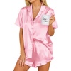 image:imageEkouaer Womens Satin Pajamas Set Button Down Silk Pj Shorts Set with RufflePink