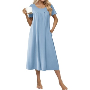 image:imageEkouaer Cotton Nightgowns for Women Long Pleated House Dresses with PocketsLight Blue