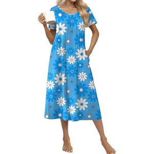 image:imageEkouaer Cotton Nightgowns for Women Long Pleated House Dresses with PocketsLine Drawing Flowers Blue
