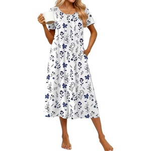 image:imageEkouaer Cotton Nightgowns for Women Long Pleated House Dresses with PocketsNavy Blue Flower