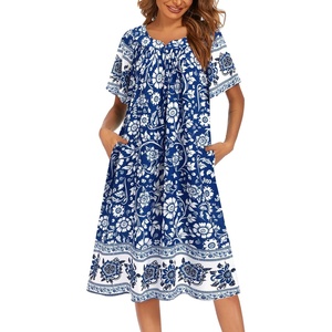 image:imageEkouaer House Dresses for Women with Pockets Short Sleeve NightgownBlue Bohemian Flowers