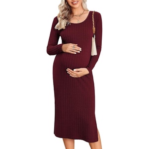 image:imageEkouaer Maternity Dress Rib Knit Long Sleeve Side Slit Bodycon Dresses Pregnancy Baby Shower Clothes SXXLA Long Sleeve Wine Red