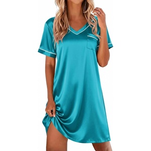 image:imageEkouaer Satin Nightgowns for Women Silk Sleep Shirts V Neck T Shirt DressBlue Green