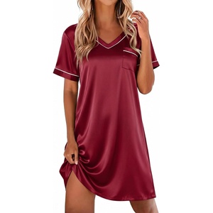 image:imageEkouaer Satin Nightgowns for Women Silk Sleep Shirts V Neck T Shirt DressWine Red