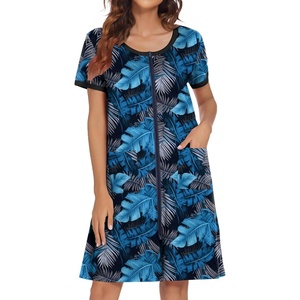 image:imageEkouaer Women Zipper Front House Coat Robe Zip Up Bathrobes Short NightgownBlue Leaf